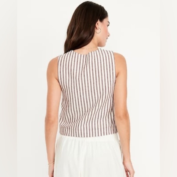 Old Navy Sleeveless Tie Front Blouse Brown White Stripe Linen Med Cottagecore - Picture 2 of 9